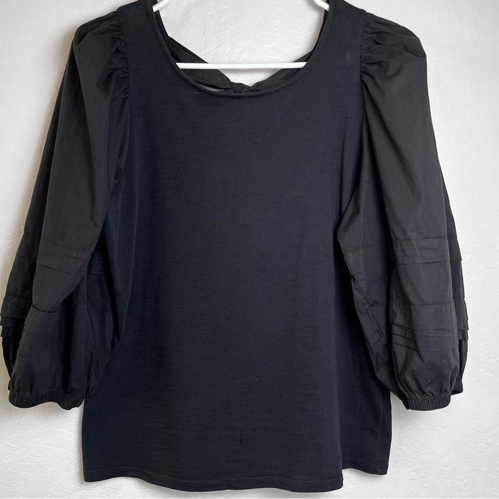 Nation LTD Black Cotton Top Open Back with Bow Puff Sleeve Medium Luxury - Picture 6 of 12